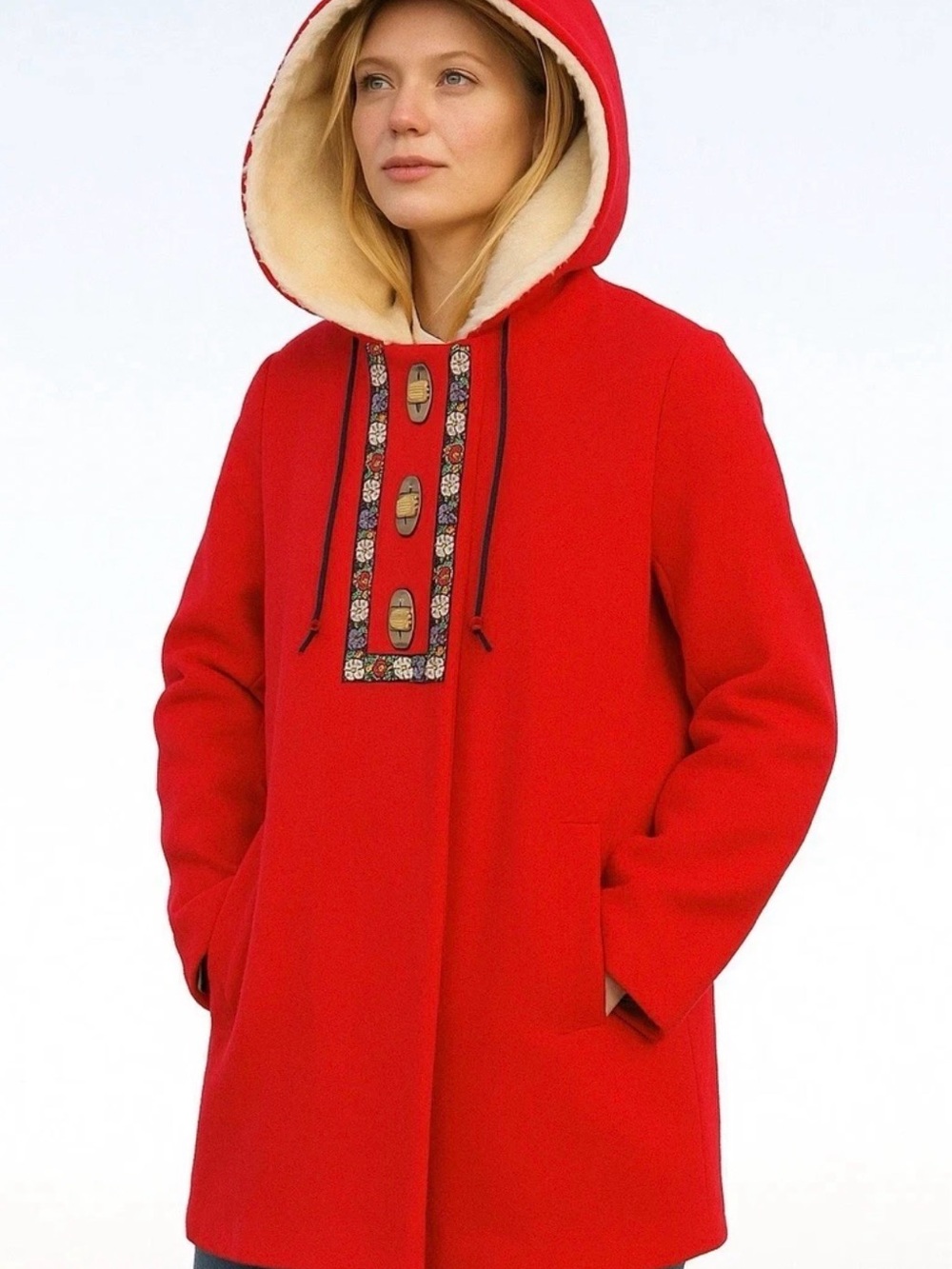 Kimchi & Blue Red Wool Pea Coat Hood Floral Embroidery Toggle Closure XS
